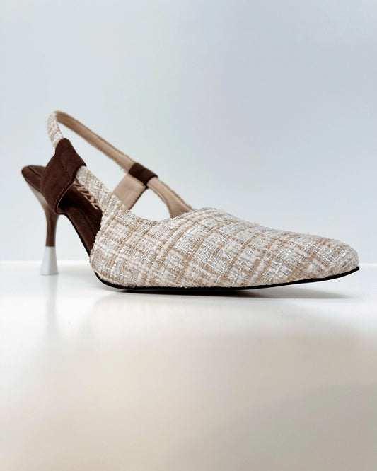 TACON SLINGBACK EN TEXTURA TWEED CONTRASTE EN GAMUZA CAFE