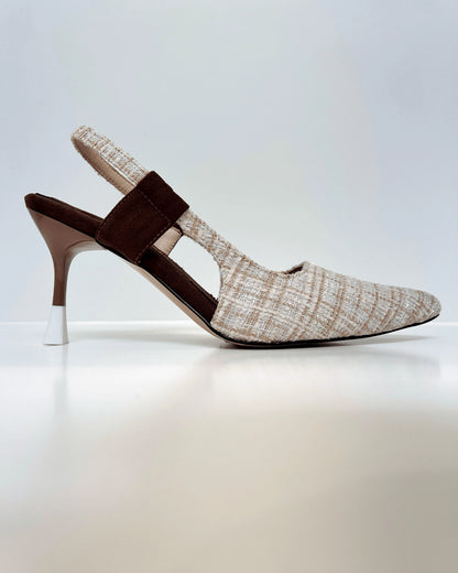 TACON SLINGBACK EN TEXTURA TWEED CONTRASTE EN GAMUZA CAFE